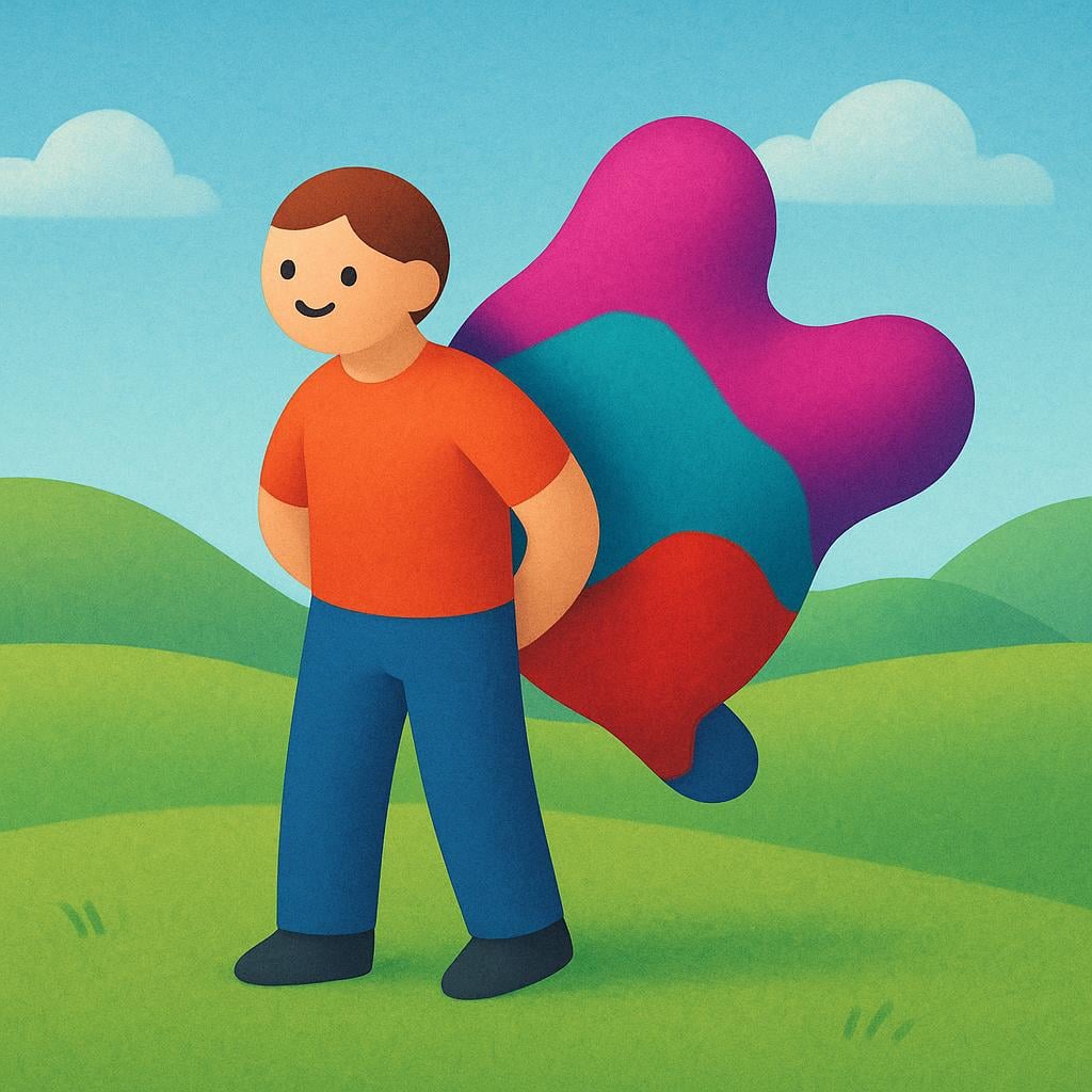 A simplified person standing innocently, but clumsily hiding a large, obviously bright red, awkward object behind their back to represent a lie.