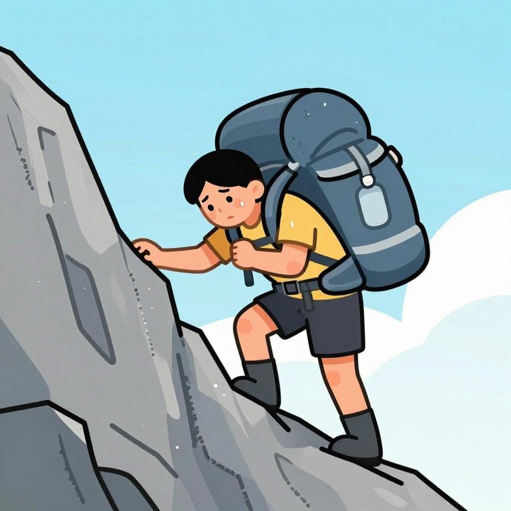 Ein Wanderer kämpft sich auf einem sehr steilen und felsigen Bergpfad mit einem schweren Rucksack ab.