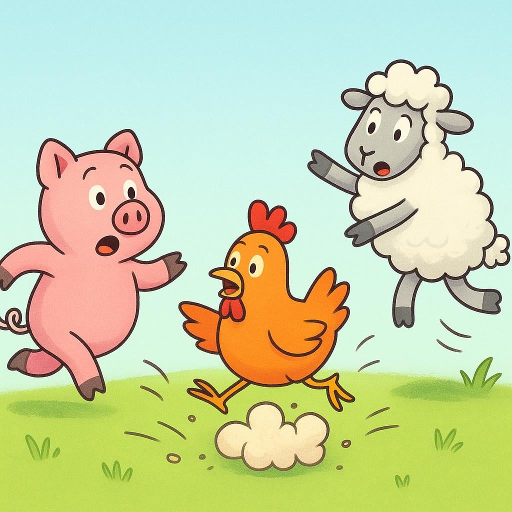 A colorful illustration showing three simple cartoon farm animals—a pig, a chicken, and a sheep—running away chaotically in different directions, suggesting a sudden disturbance or commotion.