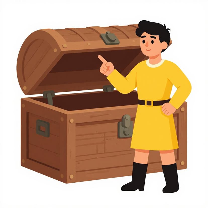 A person standing with one hand raised, pointing confidently at a mysterious locked wooden chest.