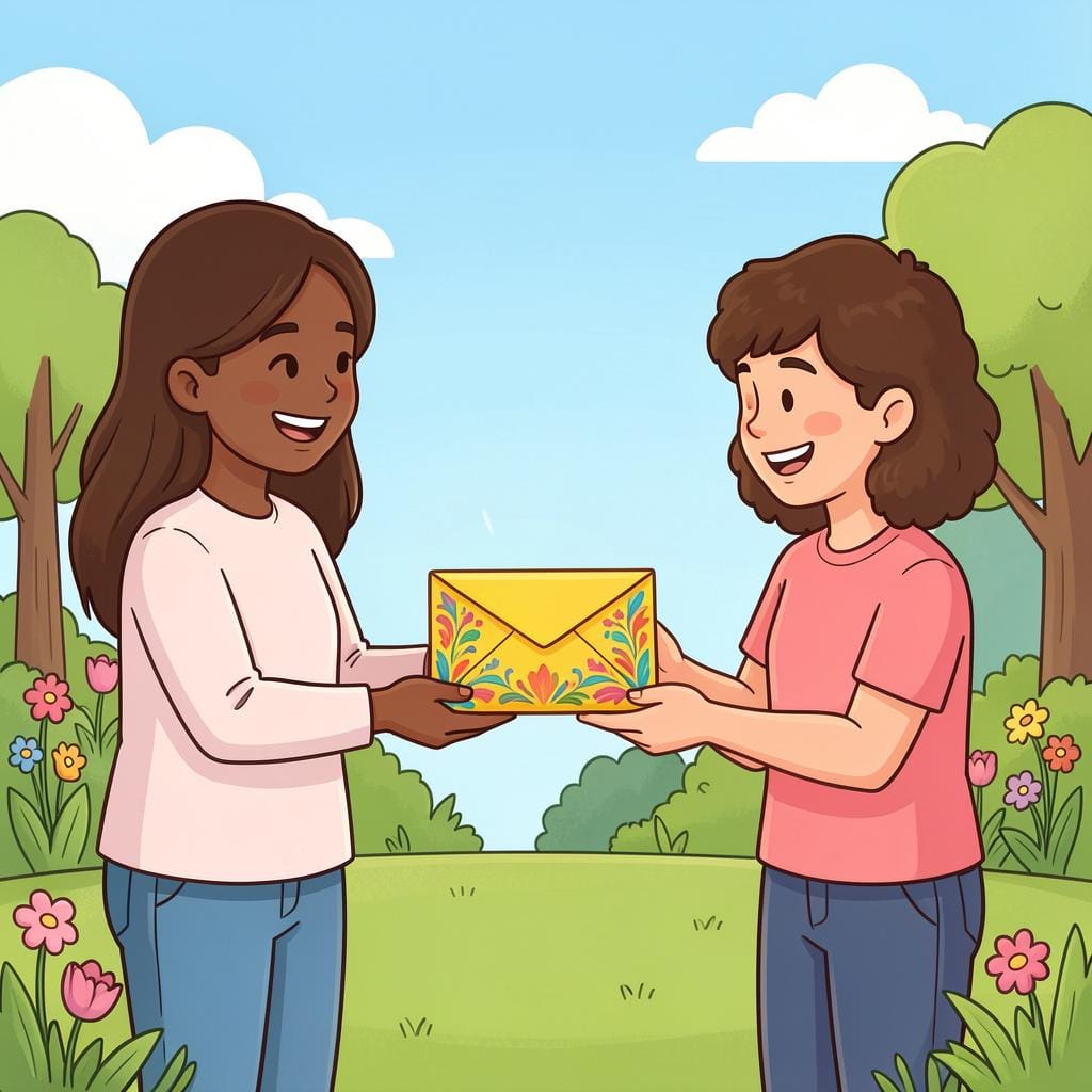 A person handing a colorful envelope to a friend with a smile.