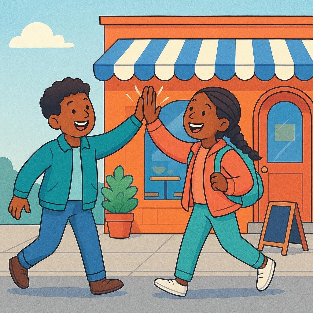 Zwei fröhliche Freunde geben sich draußen vor einem Café ein High-Five, um eine Verabredung für später zu bestätigen.