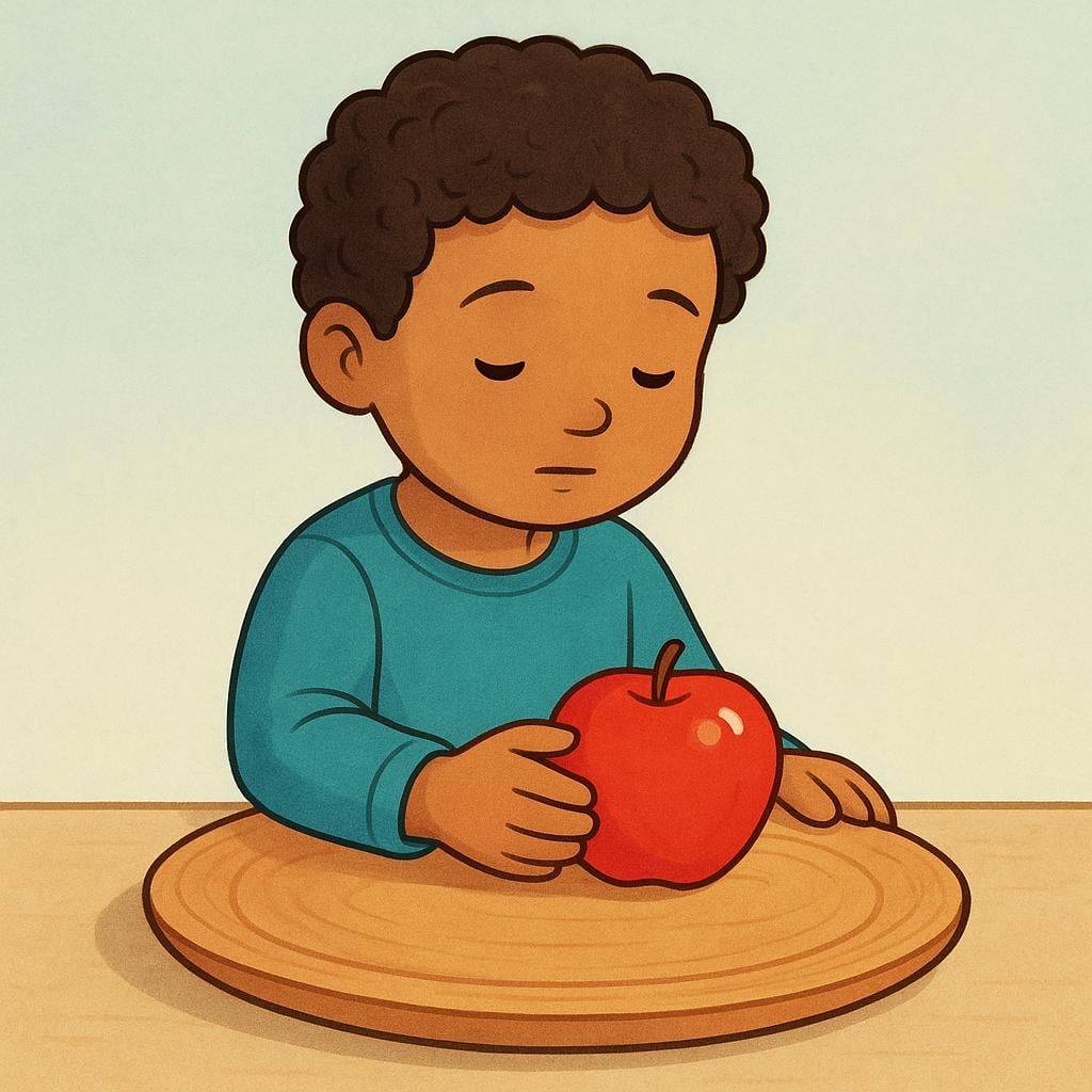 A colorful storybook illustration showing a child carefully placing a single, shiny red apple onto a large, empty wooden plate, symbolizing giving up something valuable.