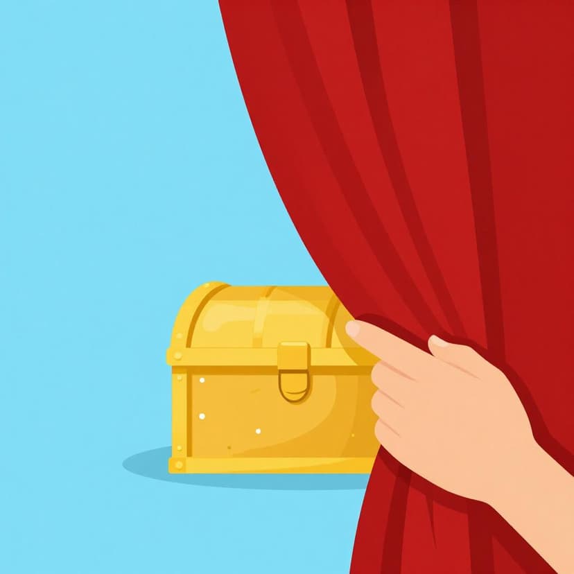A hand pulling back a heavy red velvet curtain to show a glowing treasure chest.