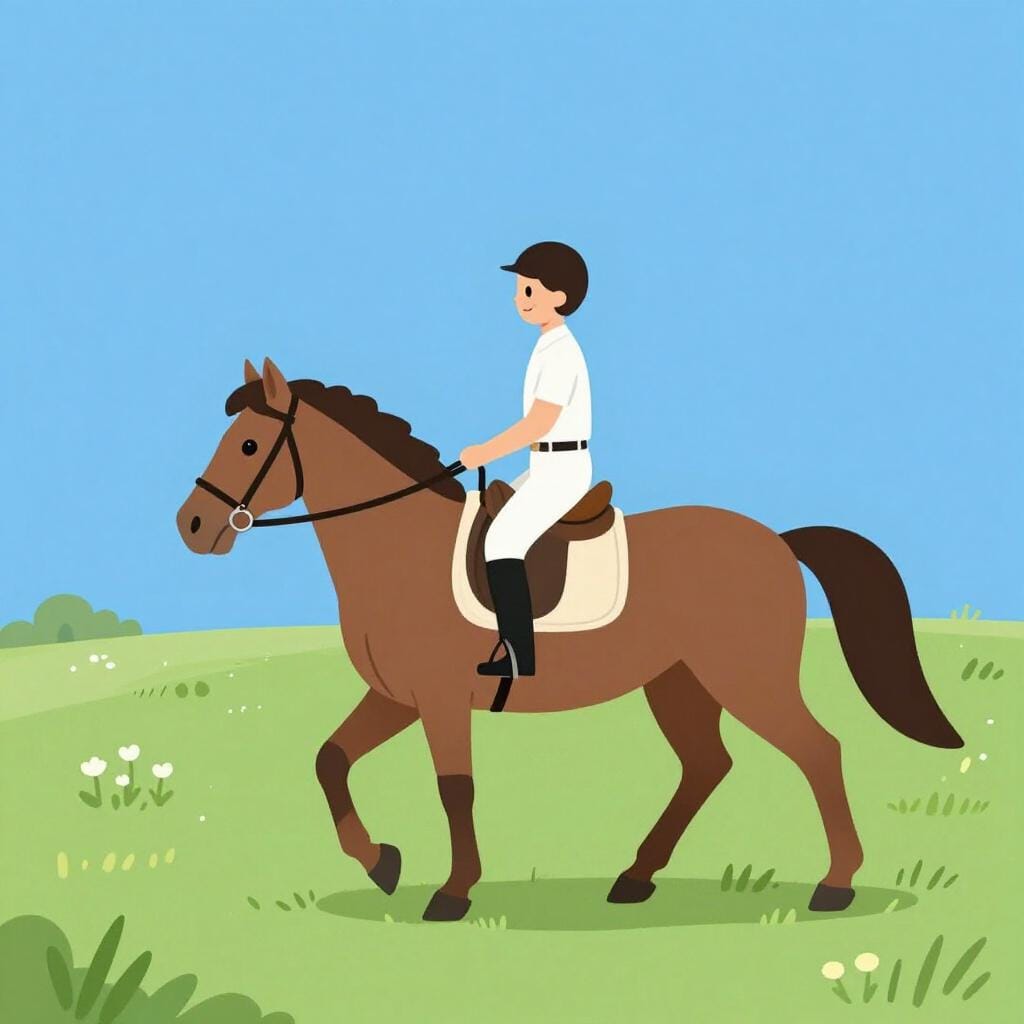 Una persona seduta con sicurezza sul dorso di un cavallo marrone in un campo verde.