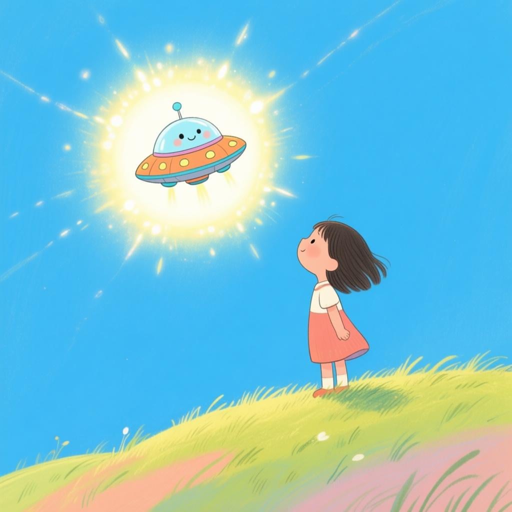 A character happily looking up at a bright, shimmering light that contains a miniature image of a desirable future goal.