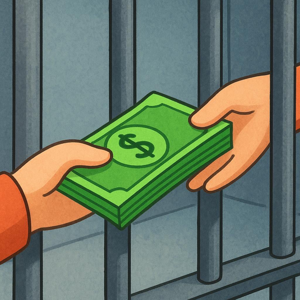 A hand outside a barred door passing a stack of money to a hand inside, symbolizing payment for release from custody.