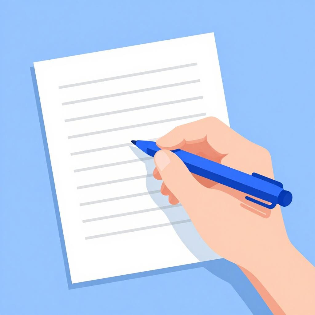 A hand holding a pen, writing on a piece of paper with empty lines.