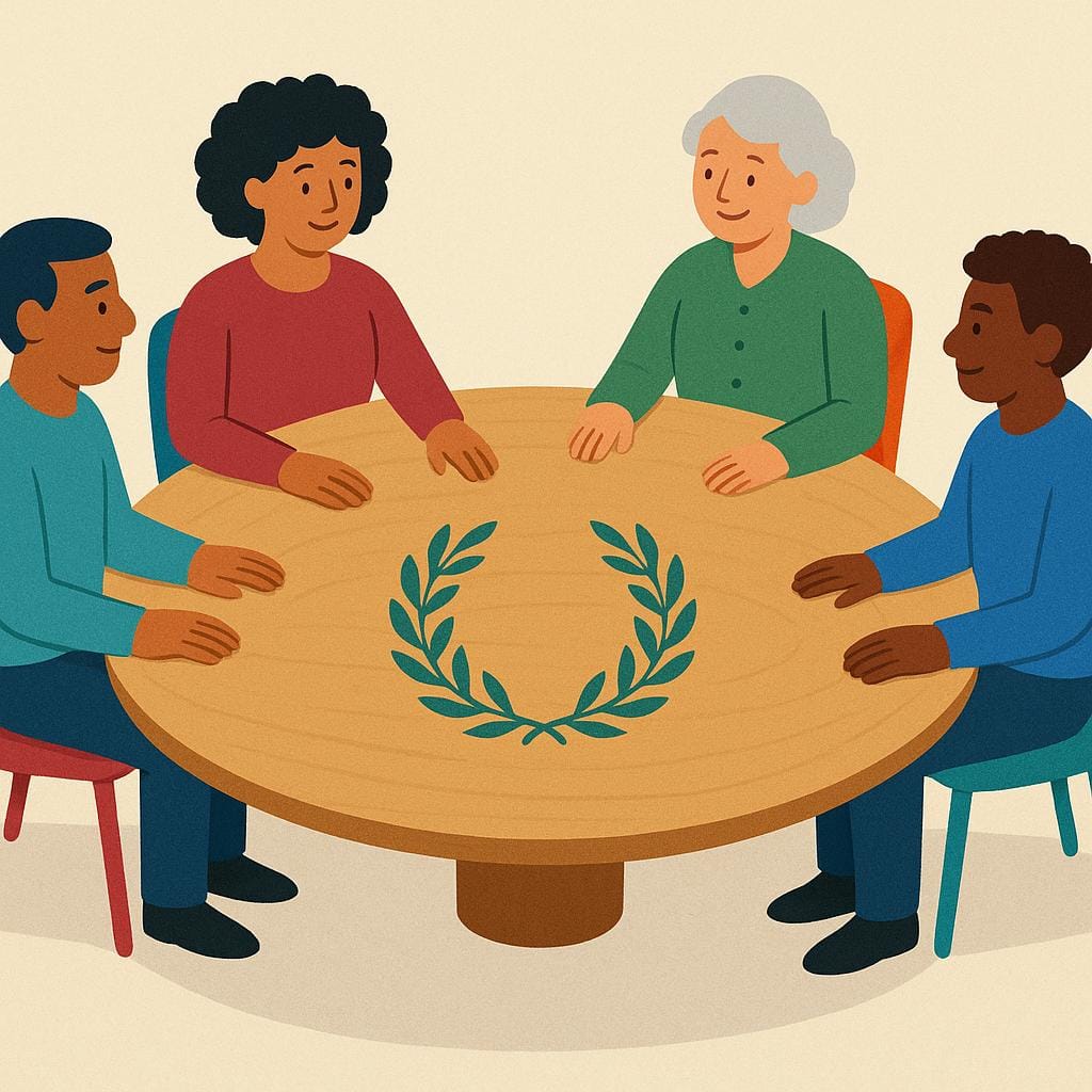 Four simplified human figures of different skin tones and attire are seated around a large, round meeting table. A simple, unified laurel wreath logo is placed in the center of the table, symbolizing a formal organization.