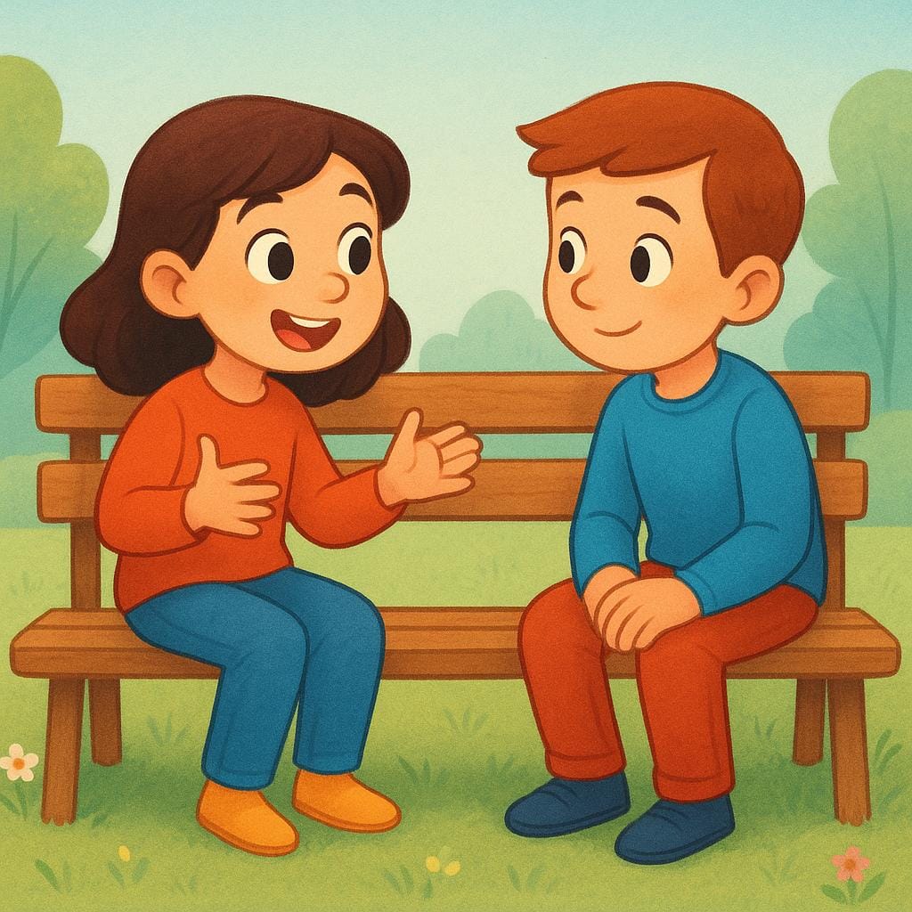 Een kleurrijke illustratie van een persoon die geanimeerd spreekt en met zijn handen gebaart, terwijl een andere persoon aandachtig luistert, wat de handeling van het geven van een verslag of verhaal illustreert.