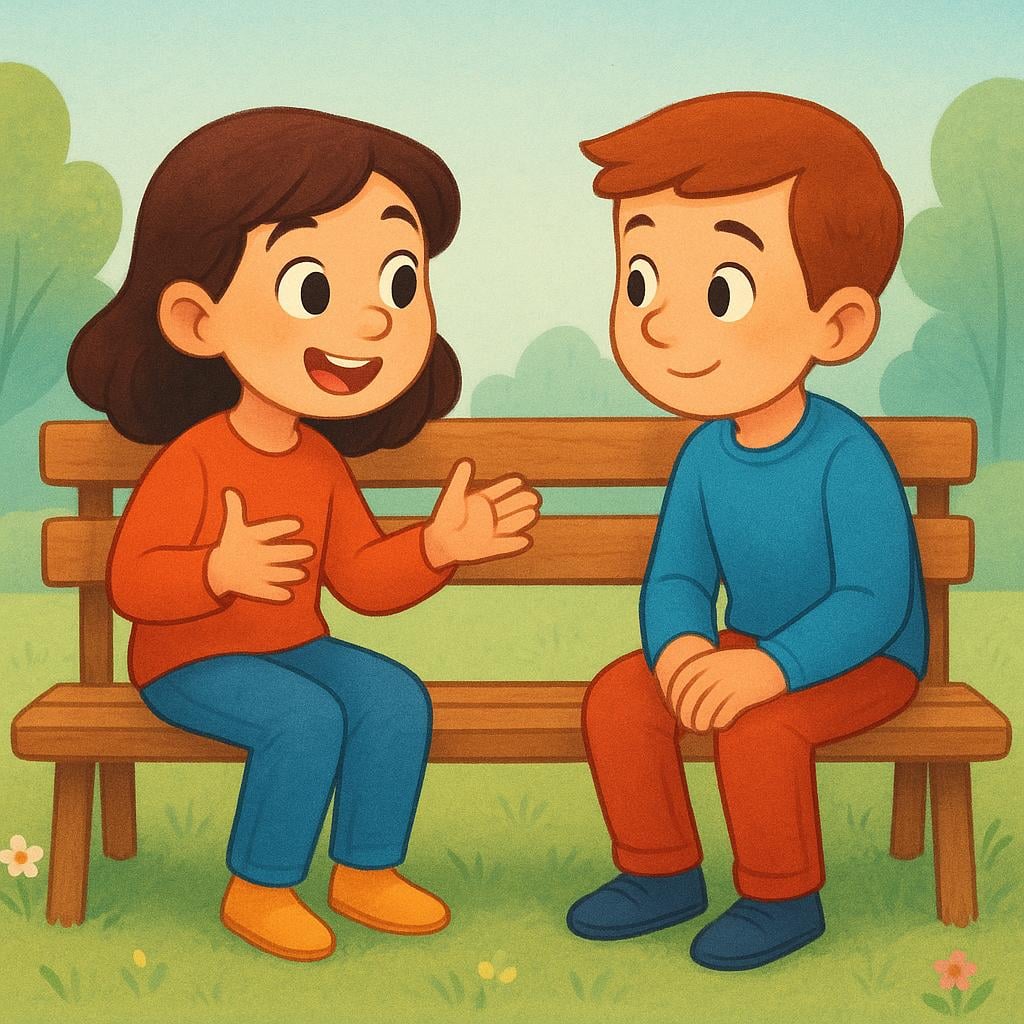 A colorful illustration of a person speaking animatedly, gesturing with their hands, while another person listens closely, illustrating the act of giving an account or story.