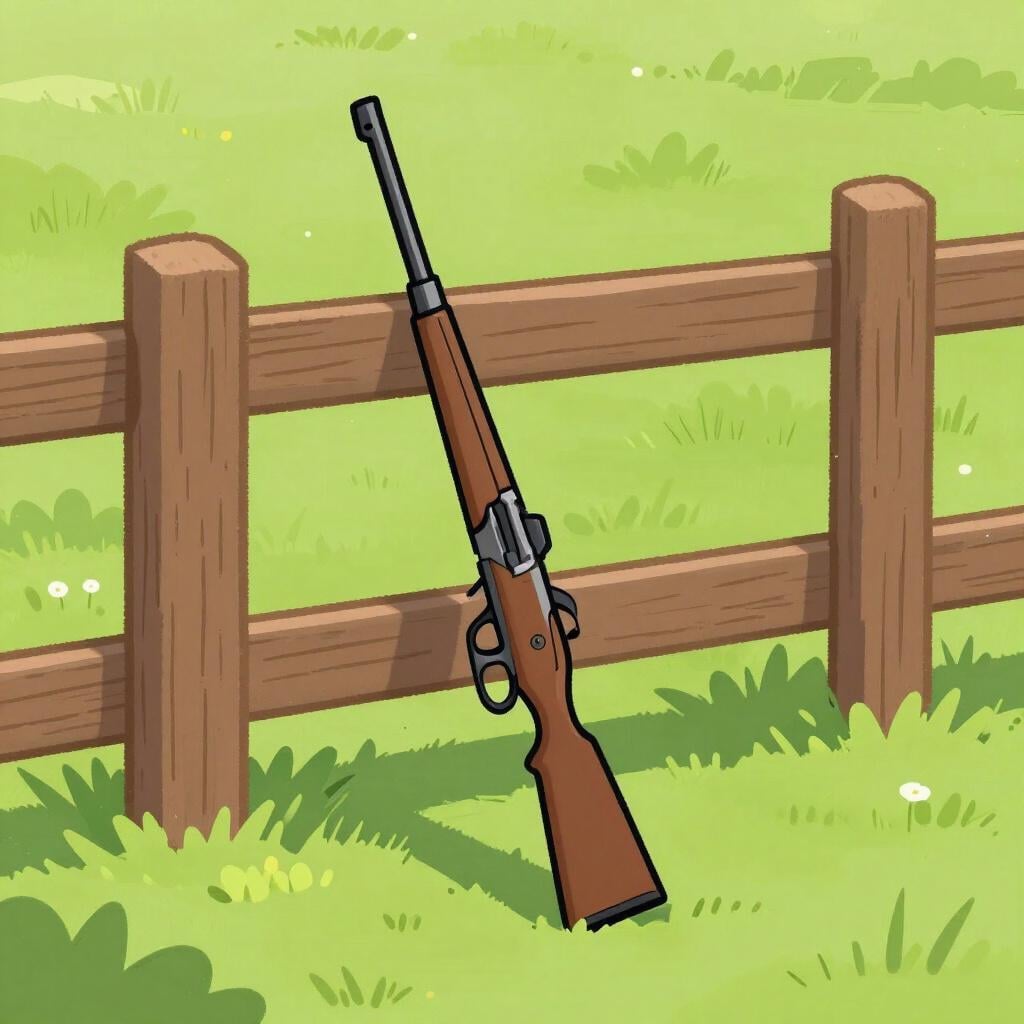 Um rifle clássico de cano longo apoiado numa cerca de madeira.