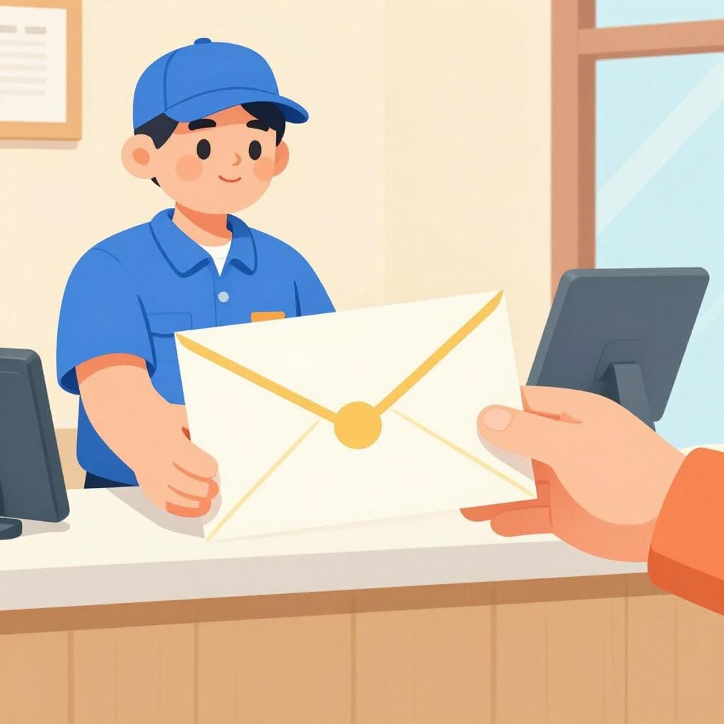 A person in a professional uniform handing a large, sealed brown envelope to a postal worker.