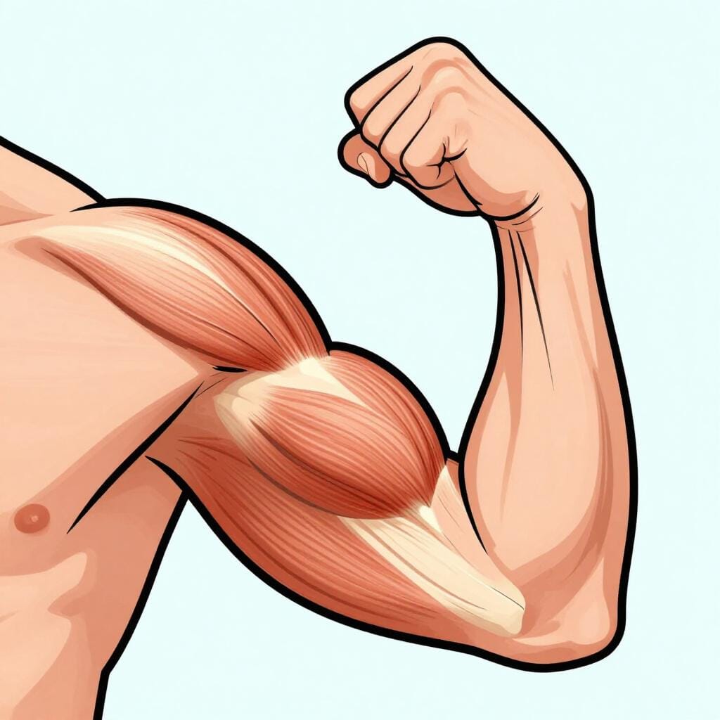 Szczegółowa, kolorowa ilustracja ludzkiego ramienia pokazująca silny mięsień bicepsa.