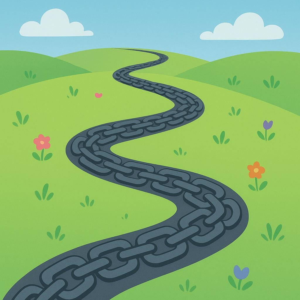 A winding path composed entirely of repeating, small, identical dark gray broken chain links, symbolizing a predictable and recurring negative pattern.