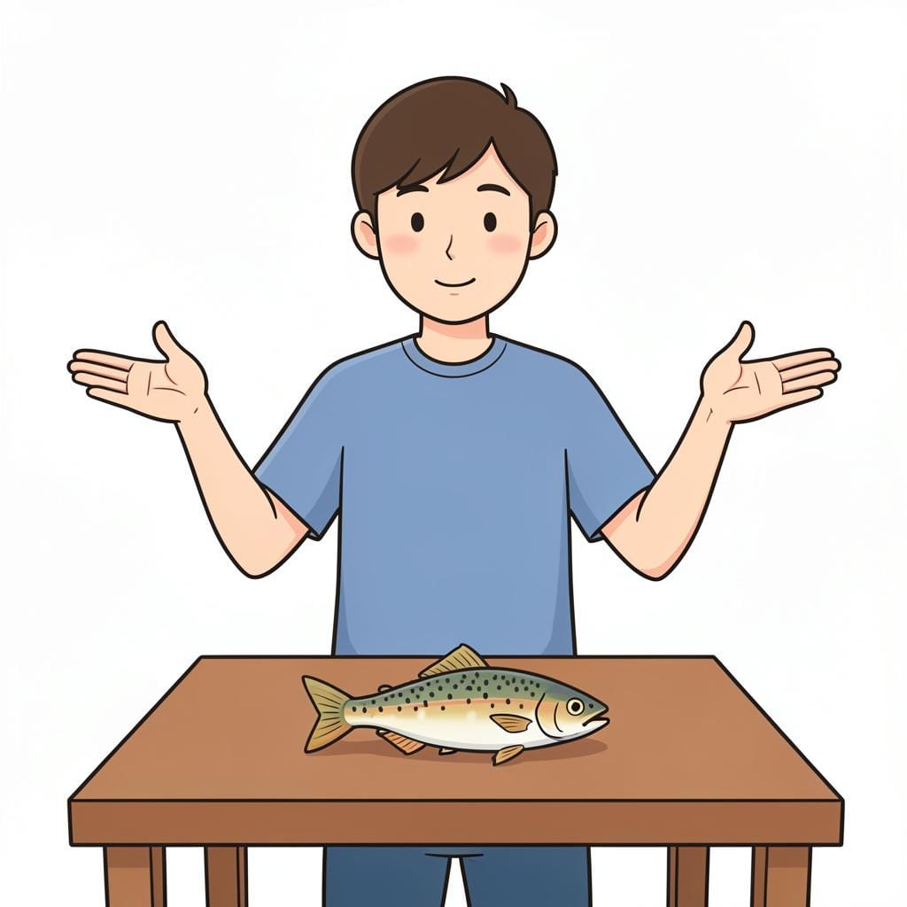 A person holding their hands very far apart to describe a tiny fish sitting on a table.