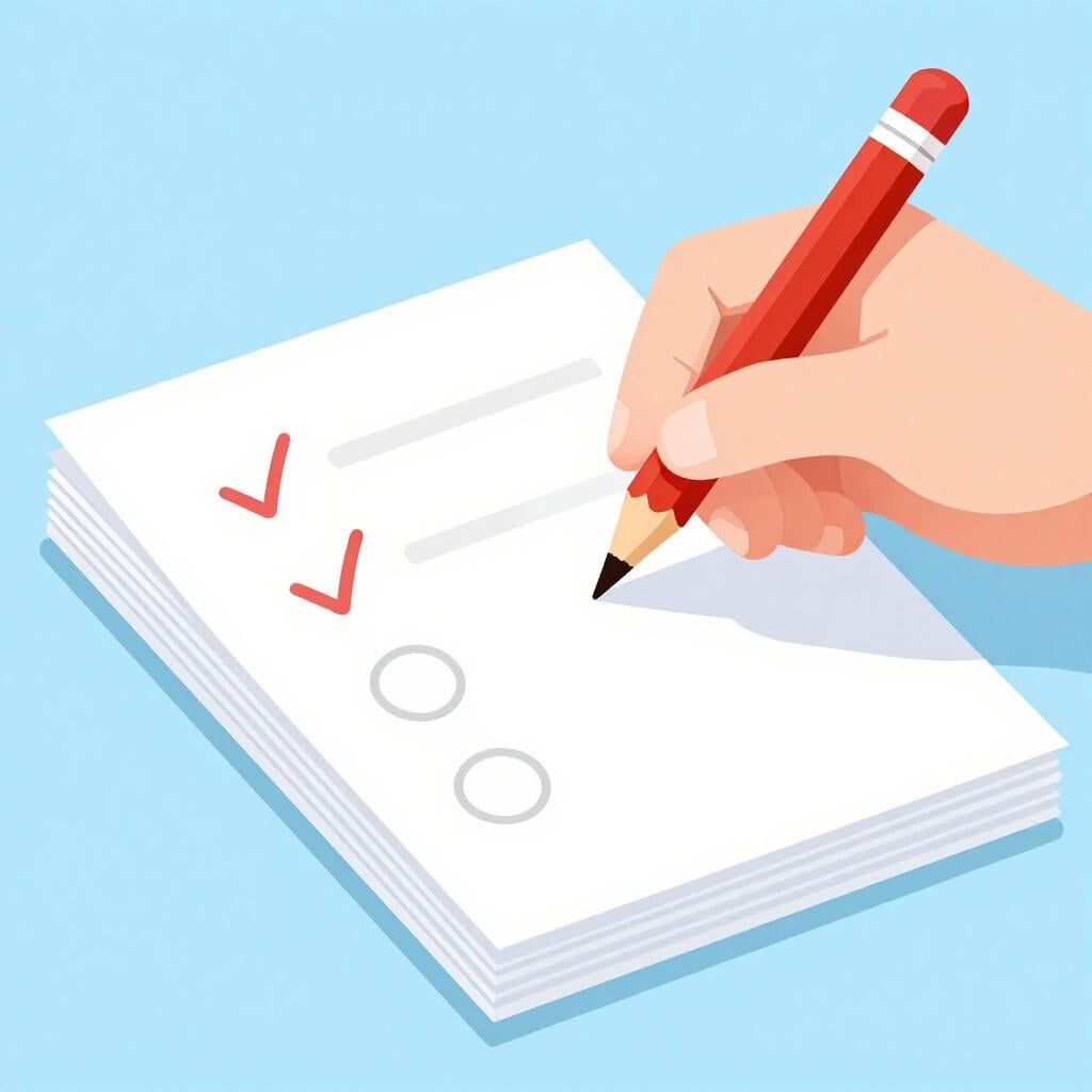 A hand holding a red pencil marking corrections on a stack of papers.