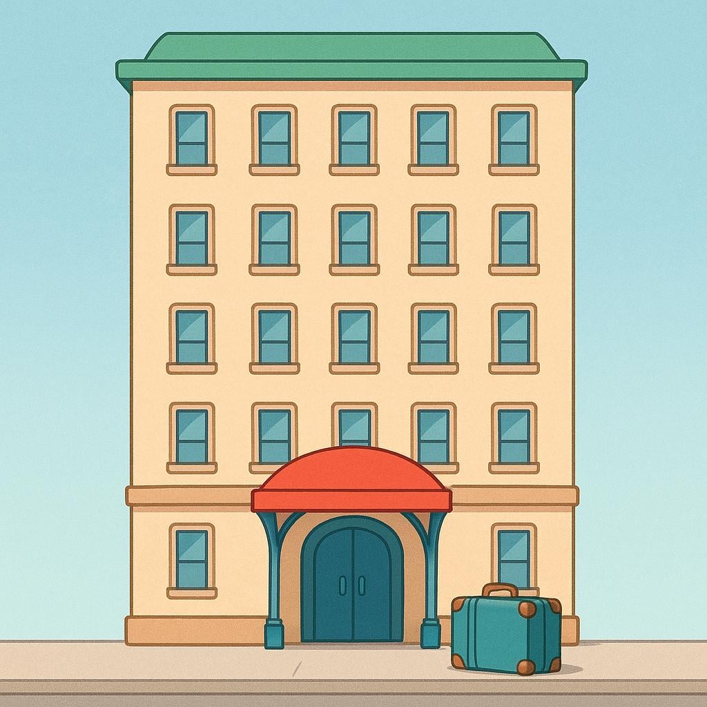 A colorful storybook illustration of a large, multi-story hotel building with many windows and a distinctive entrance canopy. A brown suitcase is visible near the front door.