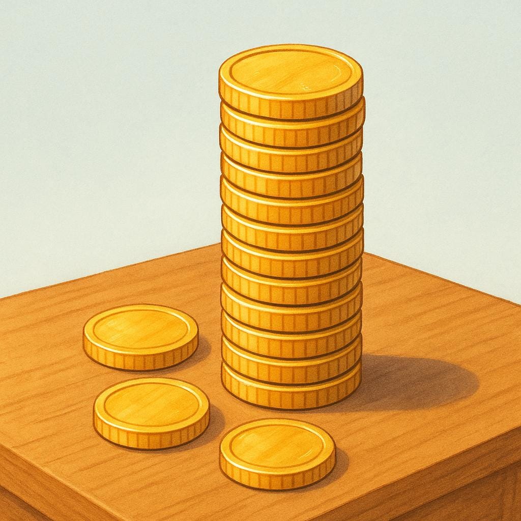 A tall, neat stack of shiny gold coins piled on a simple surface, representing financial earnings.