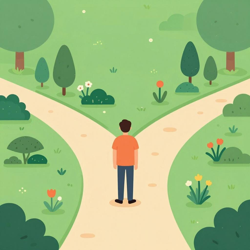 A person standing calmly in the middle of a path that splits into two different directions.