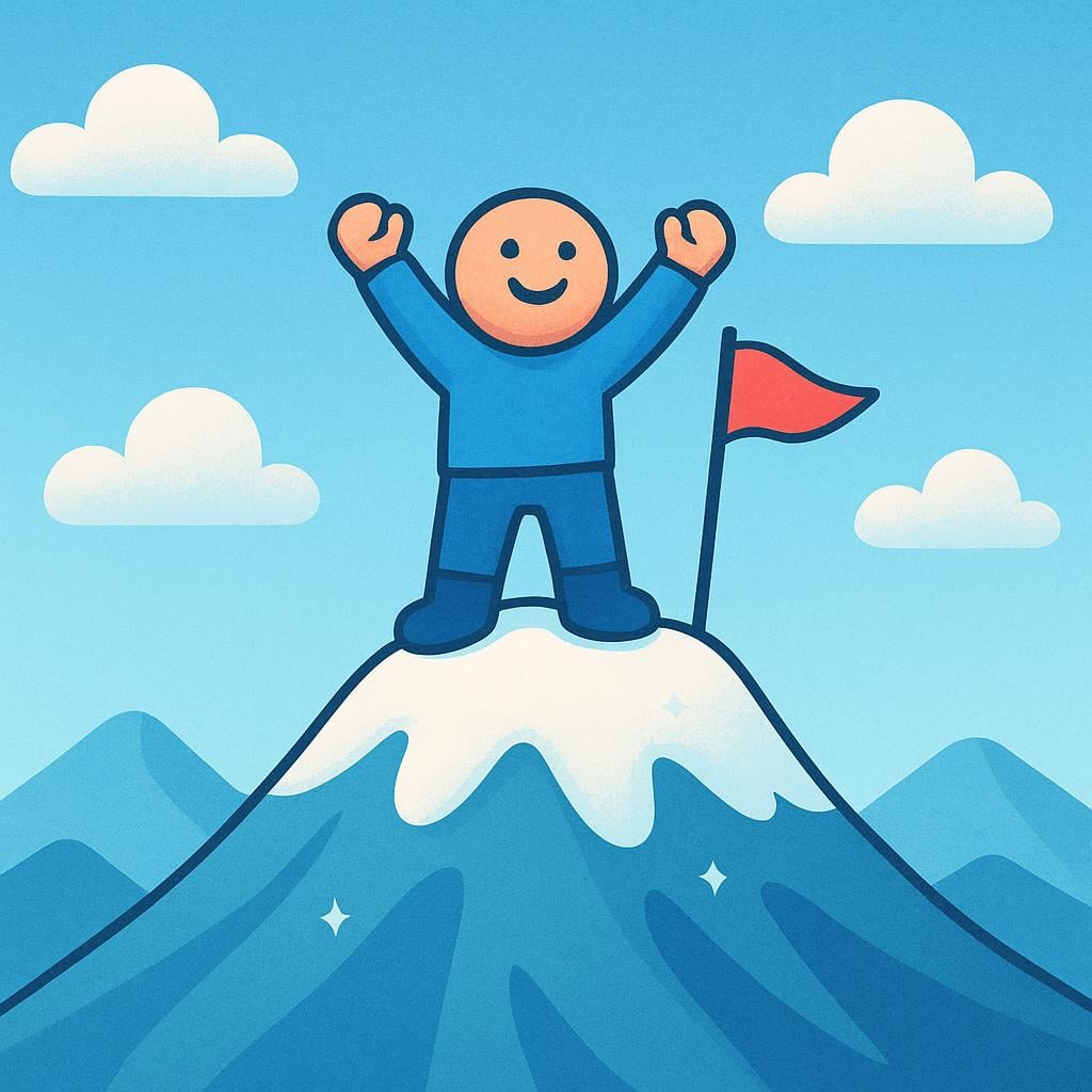A figure celebrating on the summit of a mountain peak, symbolizing the achievement of a major goal.