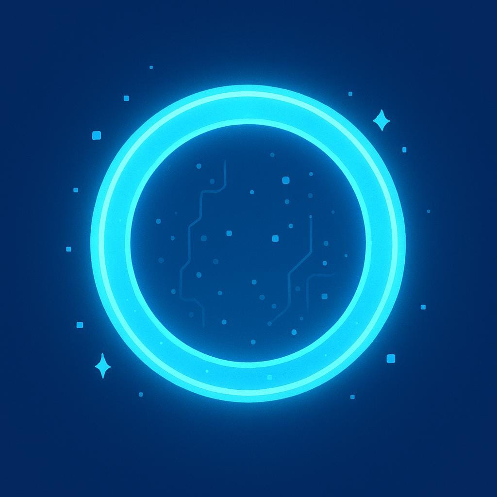 A high quality storybook illustration showing a bright, glowing blue circular archway floating against a dark background, symbolizing a digital gateway or web portal.