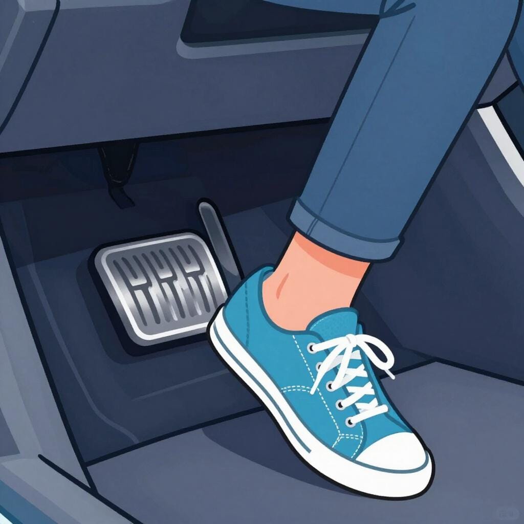 A close-up illustration of a foot pressing down on a car's gas pedal.