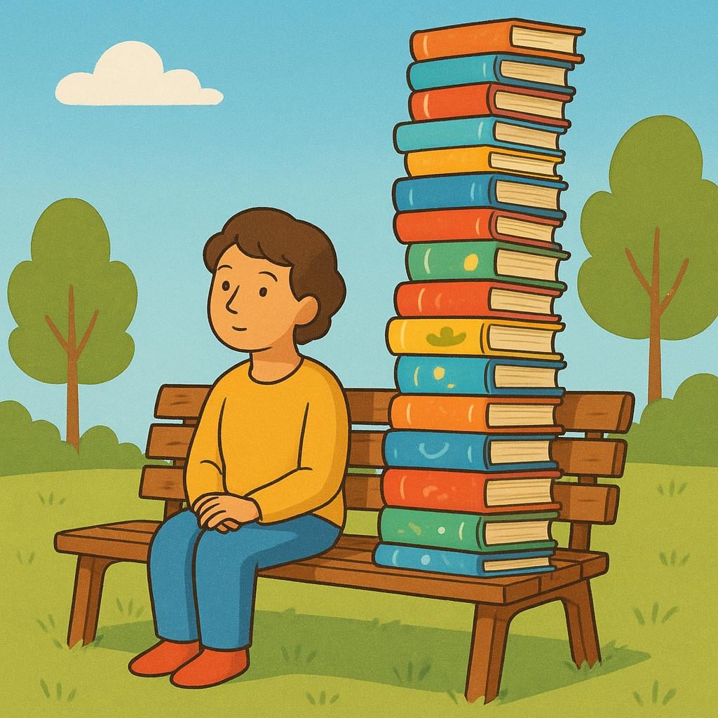A thoughtful person sitting on an old wooden park bench, surrounded by an impossibly tall stack of finished storybooks, indicating a long period of reading.