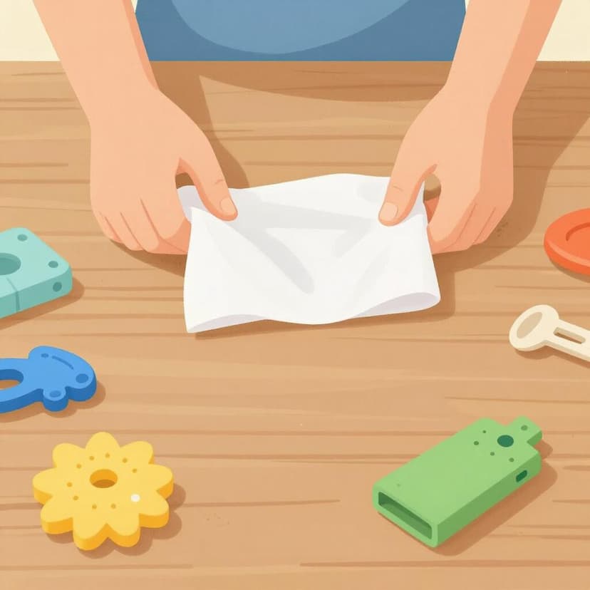 A wooden table being cleared of clutter like books and cups.