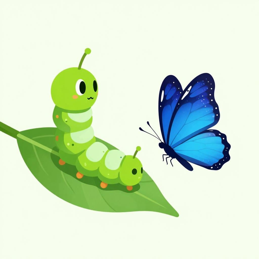 A green caterpillar on a leaf transforming into a bright blue butterfly.