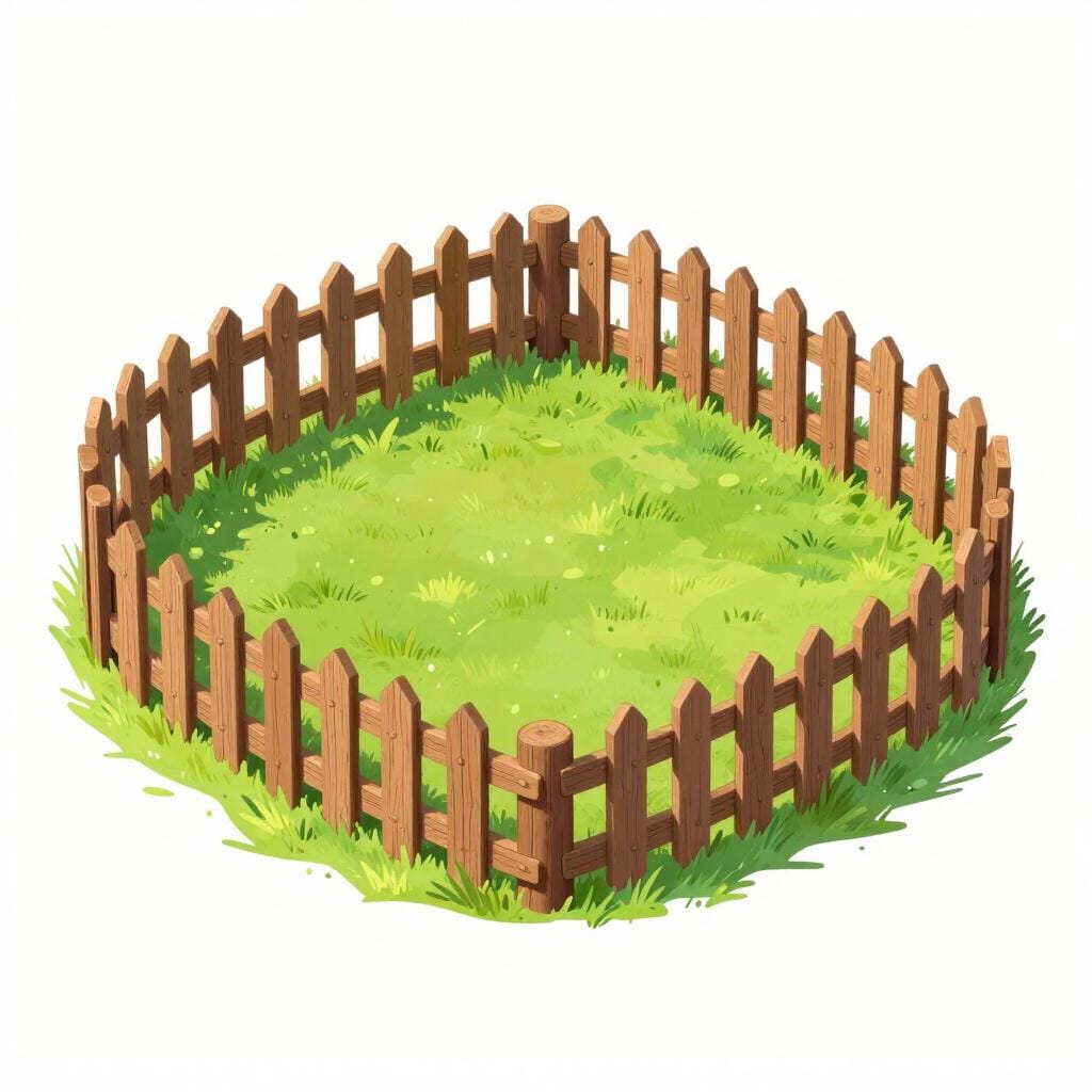 A simple wooden fence surrounding a small green grassy field.