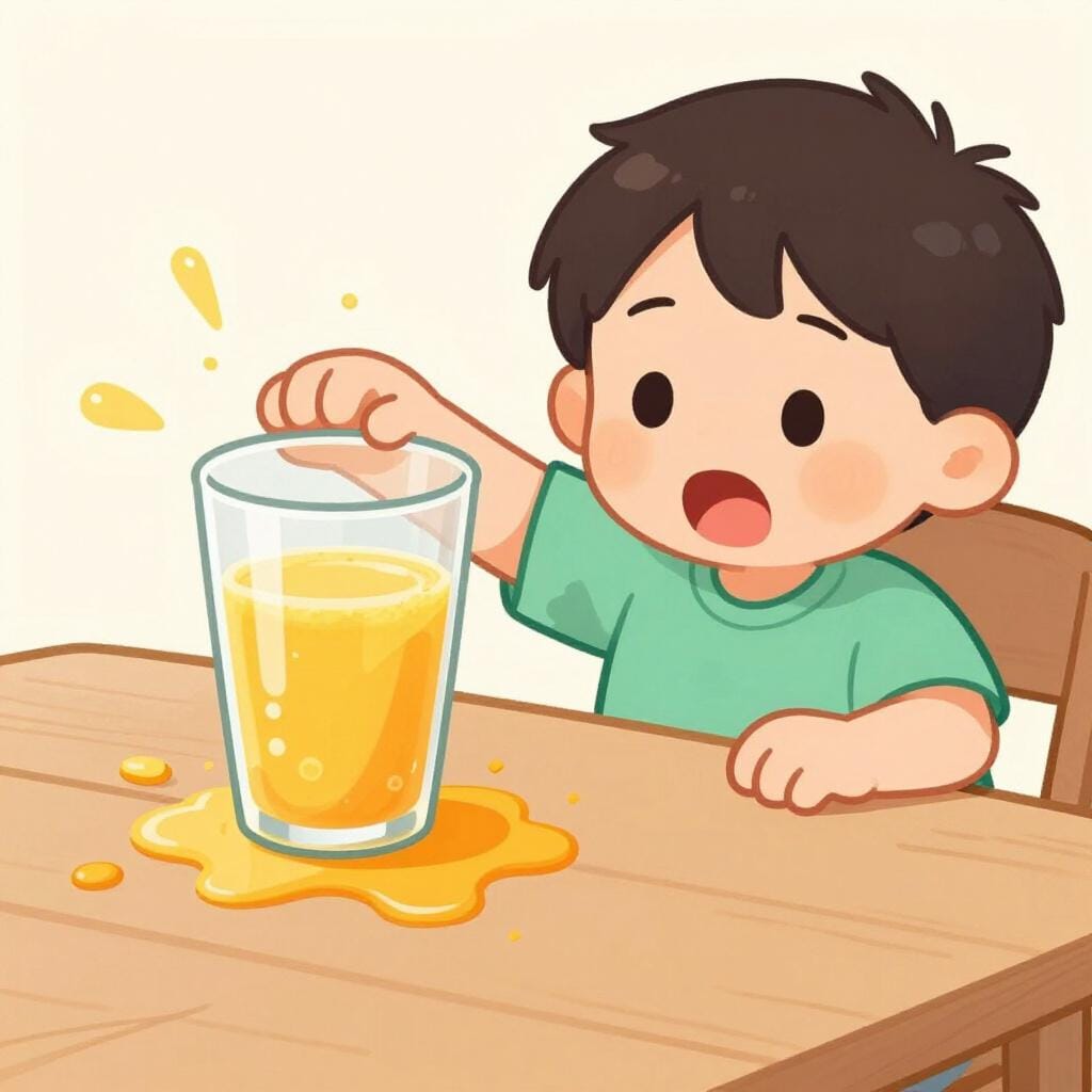 A child looking surprised as they accidentally knock over a glass of juice on a table.