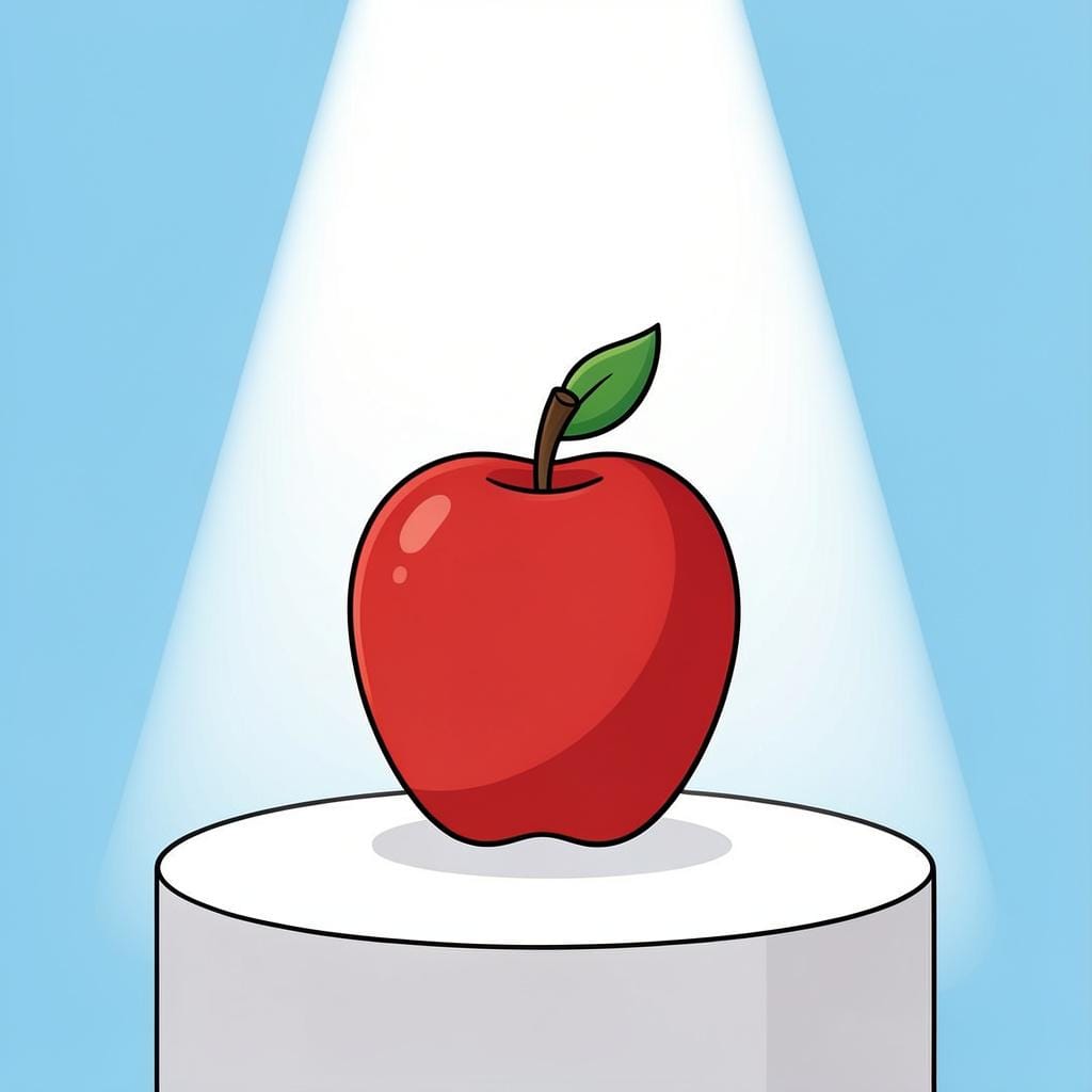 Un riflettore luminoso illumina una singola mela rossa su un piedistallo, facendola risaltare chiaramente.