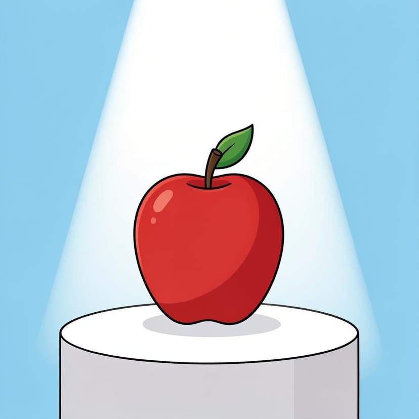 Un riflettore luminoso illumina una singola mela rossa su un piedistallo, facendola risaltare chiaramente.