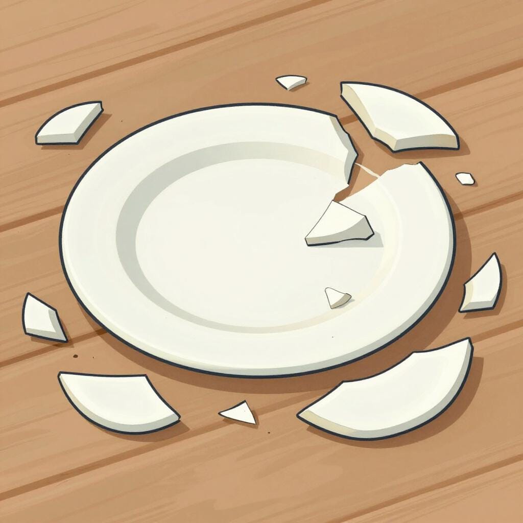 Ein bunter Keramikteller, der auf einem Holzboden in viele Stücke zerbrochen ist.