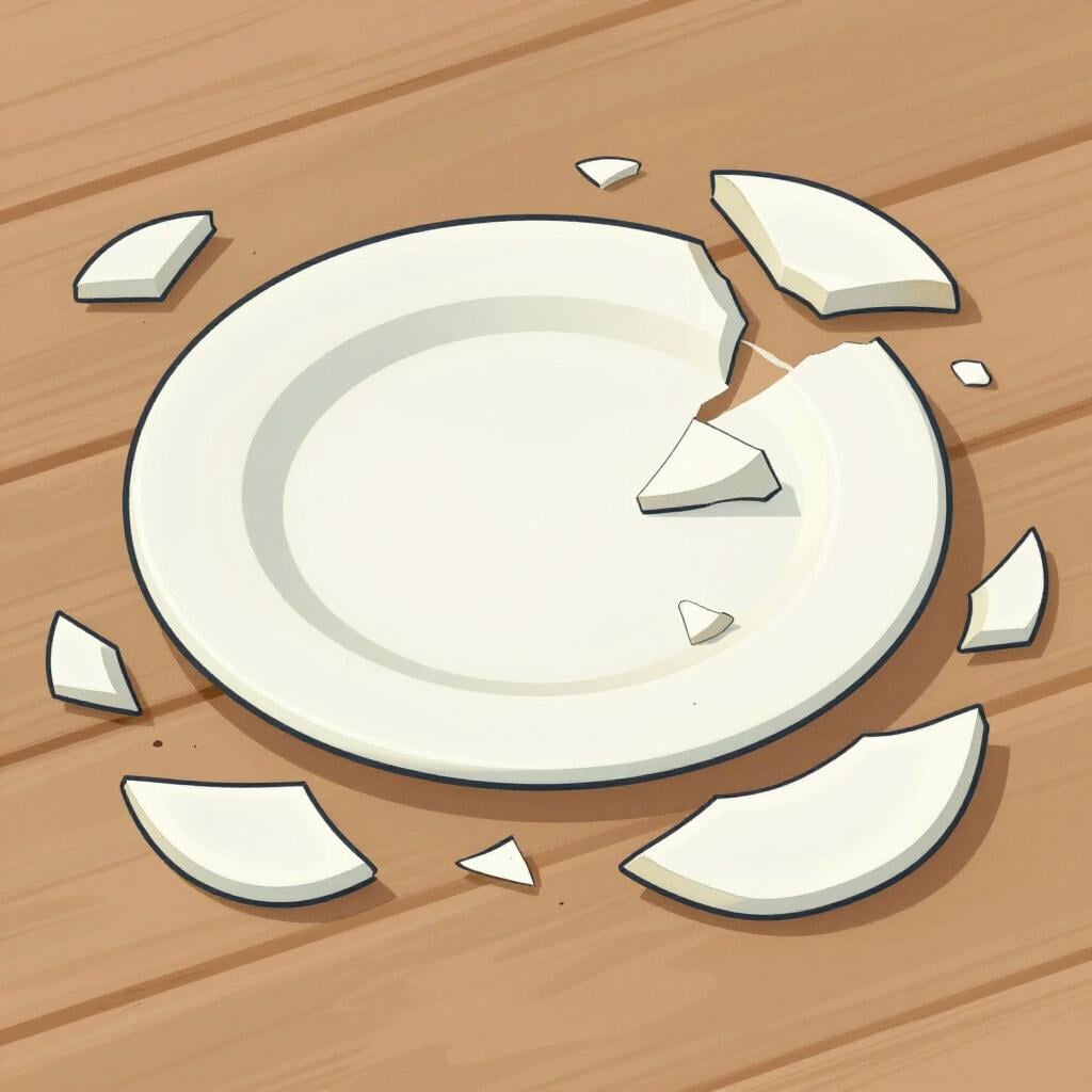 Ein bunter Keramikteller, der auf einem Holzboden in viele Stücke zerbrochen ist.