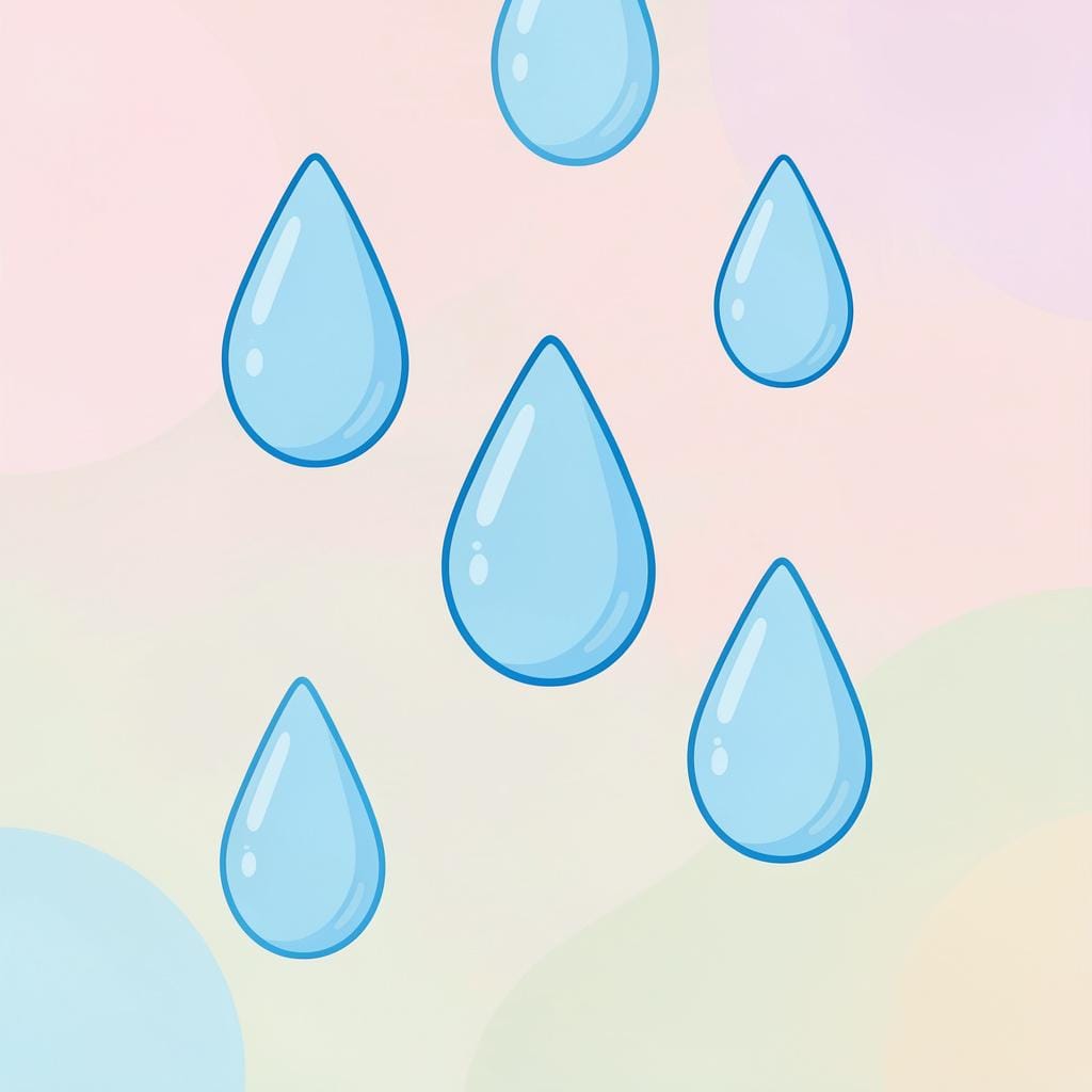 Large, clear blue raindrops falling against a soft light blue background.