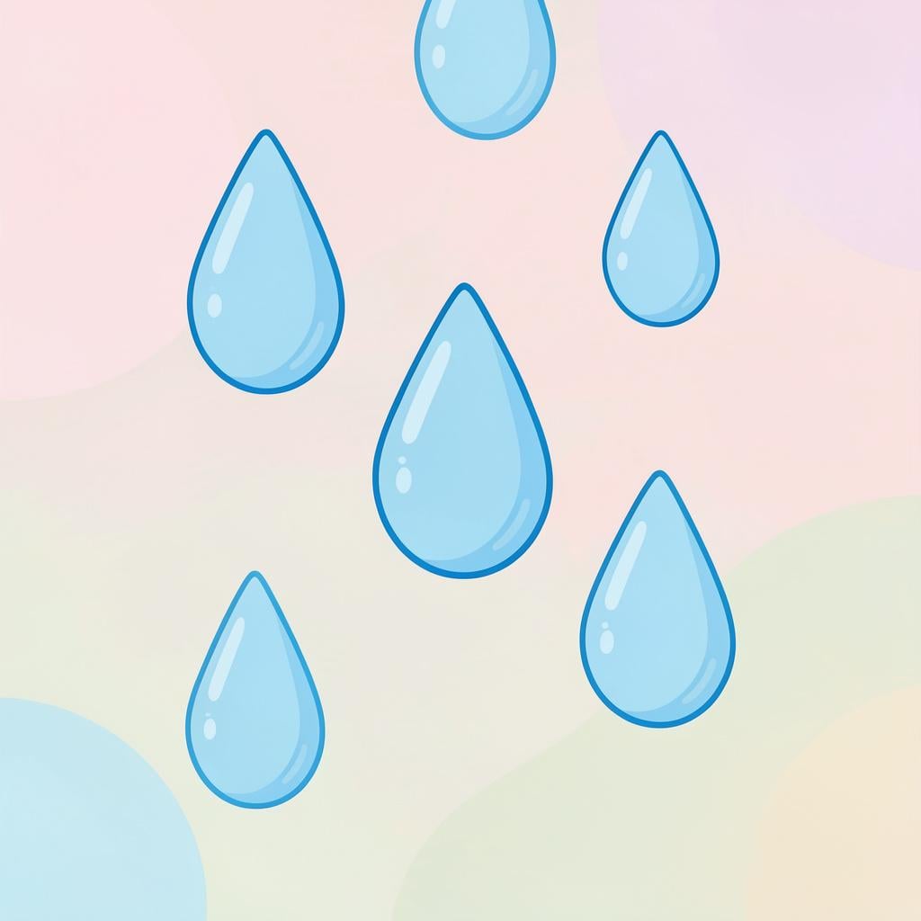 Large, clear blue raindrops falling against a soft light blue background.