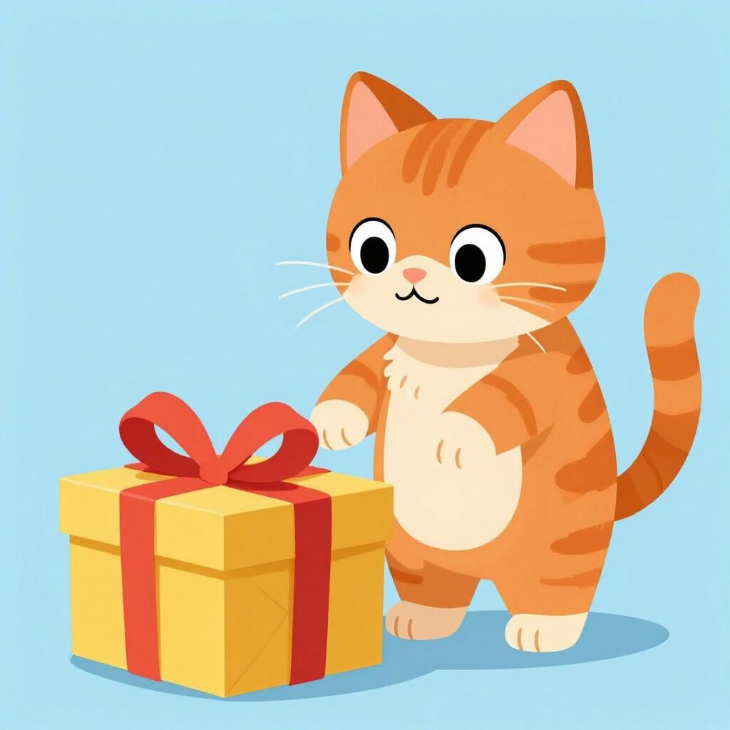 A curious cat peering intensely into a colorful, gift-wrapped box with a lifted lid.