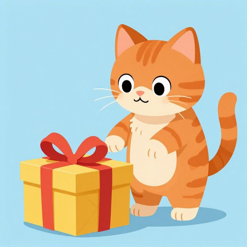 A curious cat peering intensely into a colorful, gift-wrapped box with a lifted lid.