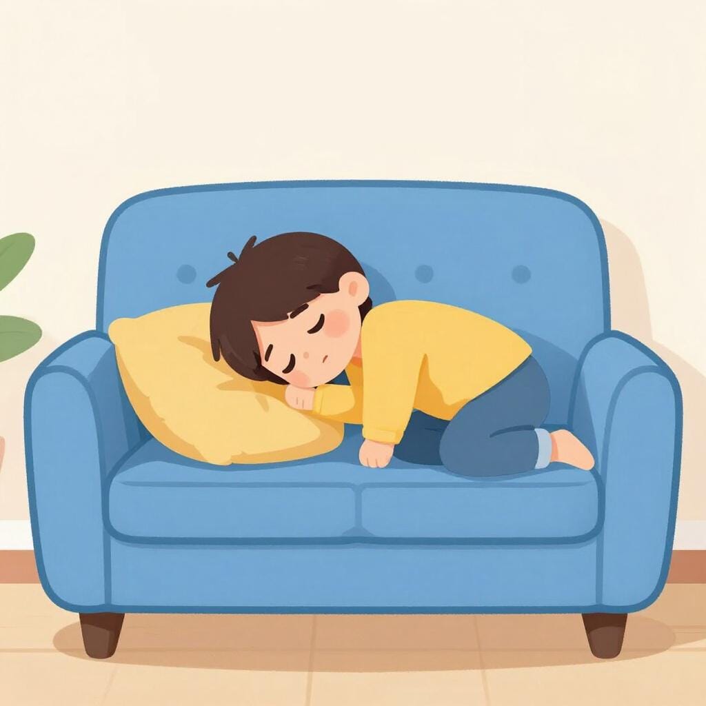 Una persona stanca seduta su un divano morbido con la testa appoggiata all'indietro e gli occhi chiusi.