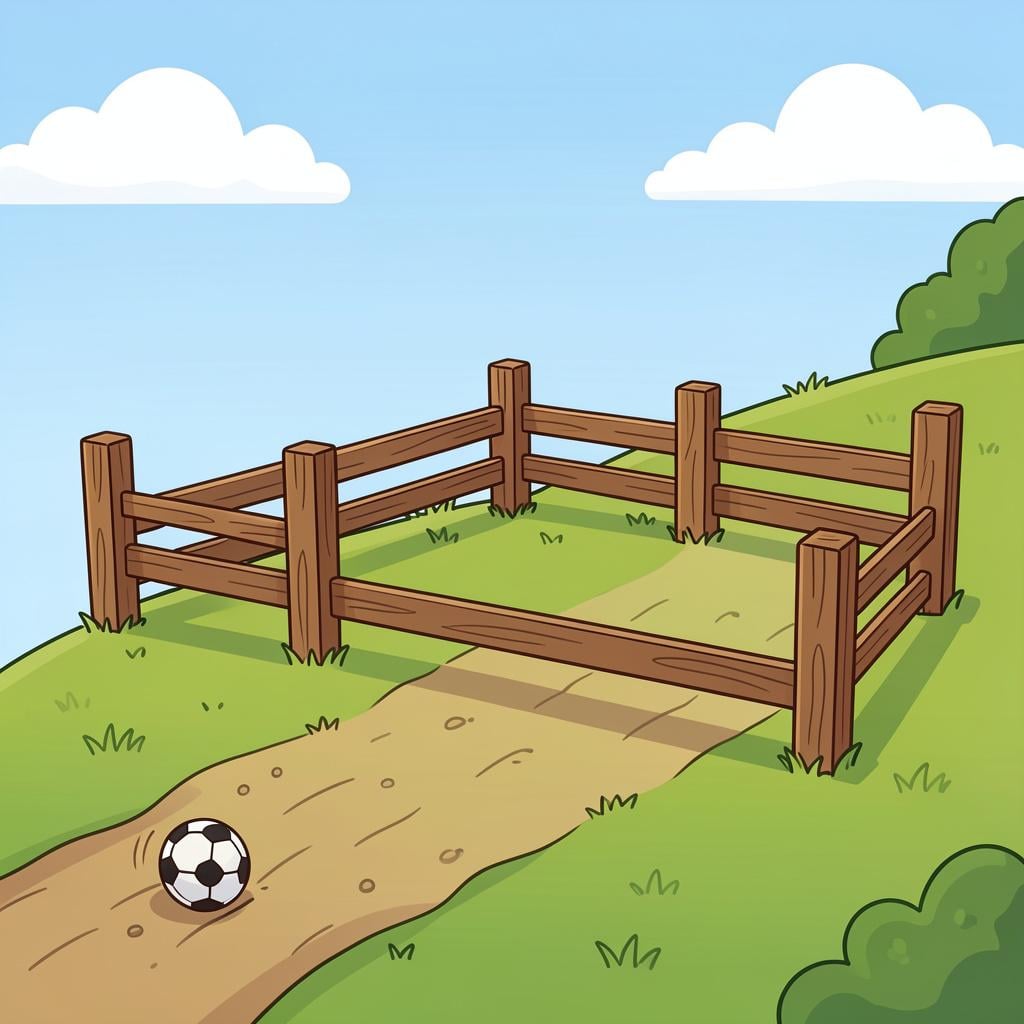 A sturdy wooden fence preventing a group of colorful balls from rolling down a hill.