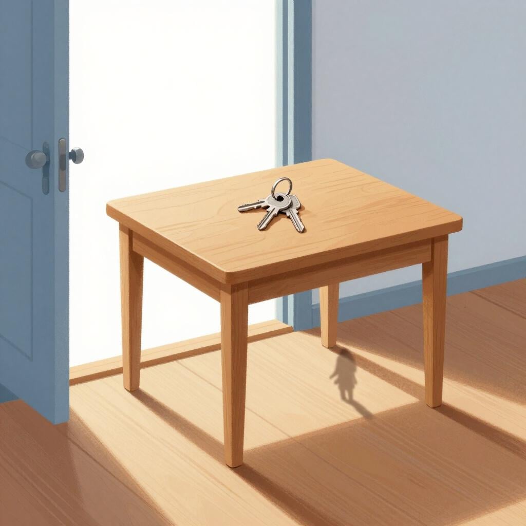 A person walking out of a house while leaving their keys on a table by the door.