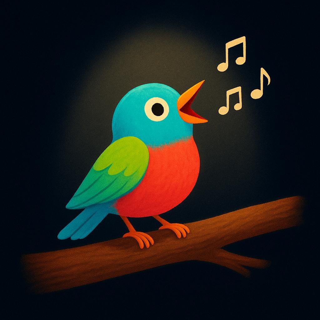 A small, brightly colored blue and yellow bird is perched on a thick brown branch. A strong, focused beam of warm light shines intensely only on the bird and the branch, emphasizing the present moment.