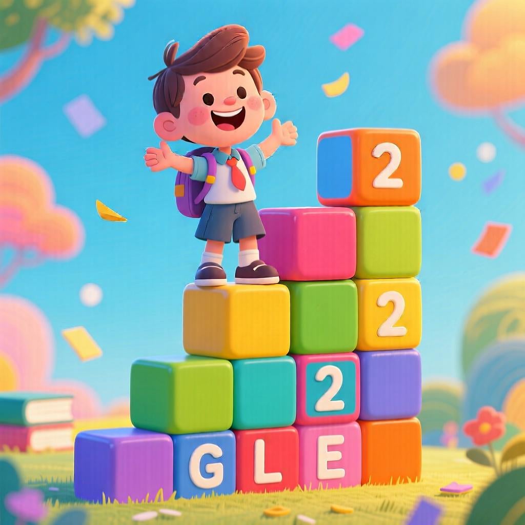 A small student character standing proudly on the second step of a colorful block tower, representing a specific school grade or academic year.
