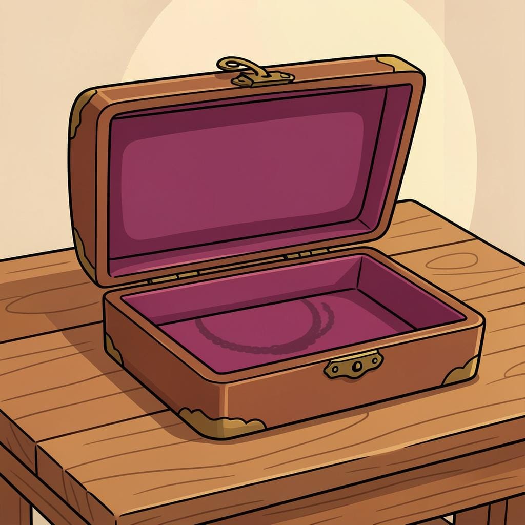 Een hoogwaardige verhalenboekillustratie van een lege juwelendoos met een enkele parelketting die uit de fluwelen sleuf ontbreekt.