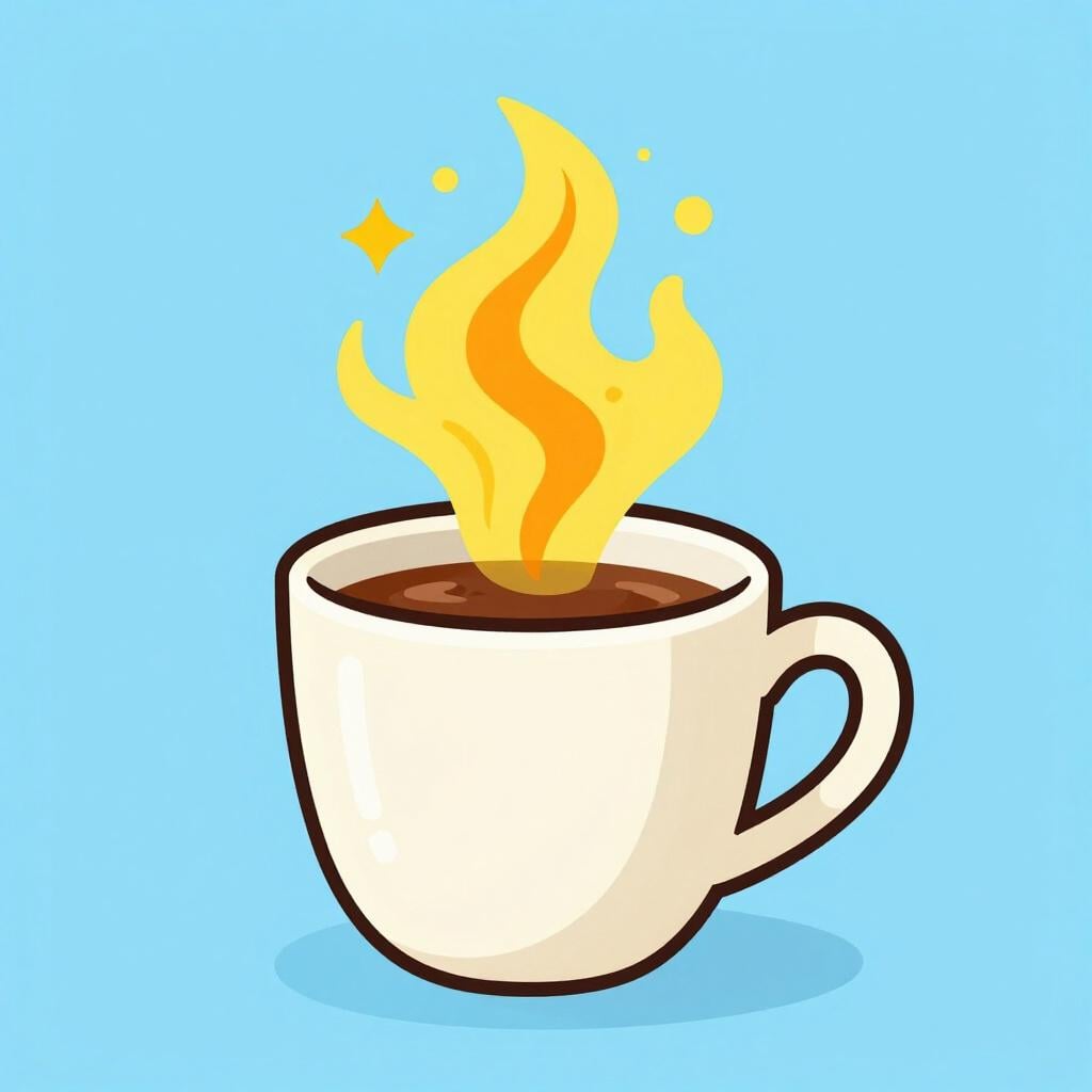 A steaming cup of coffee with bright, energetic swirls rising from it.