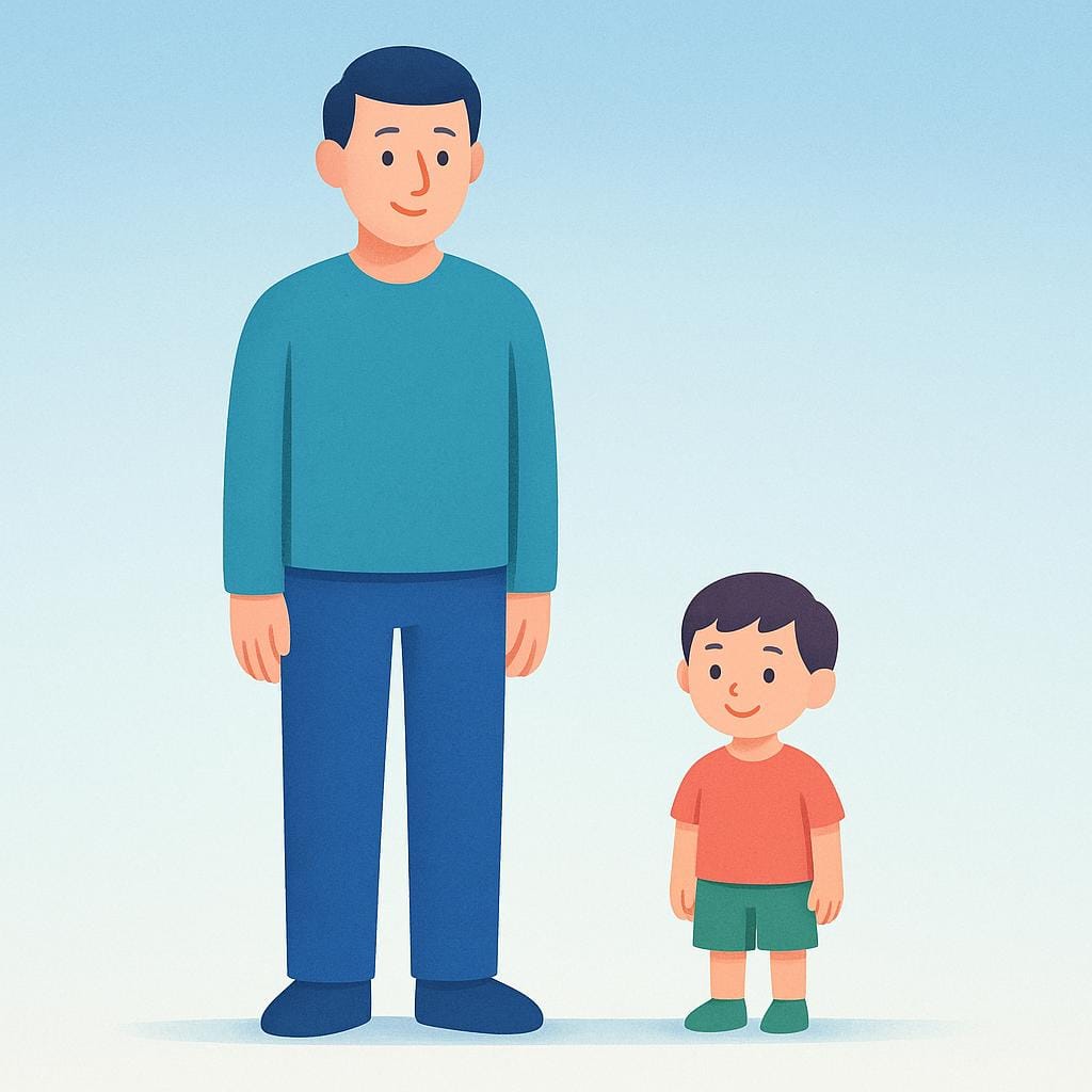A very tall adult person standing next to a much shorter child, illustrating the difference in their physical stature or height.