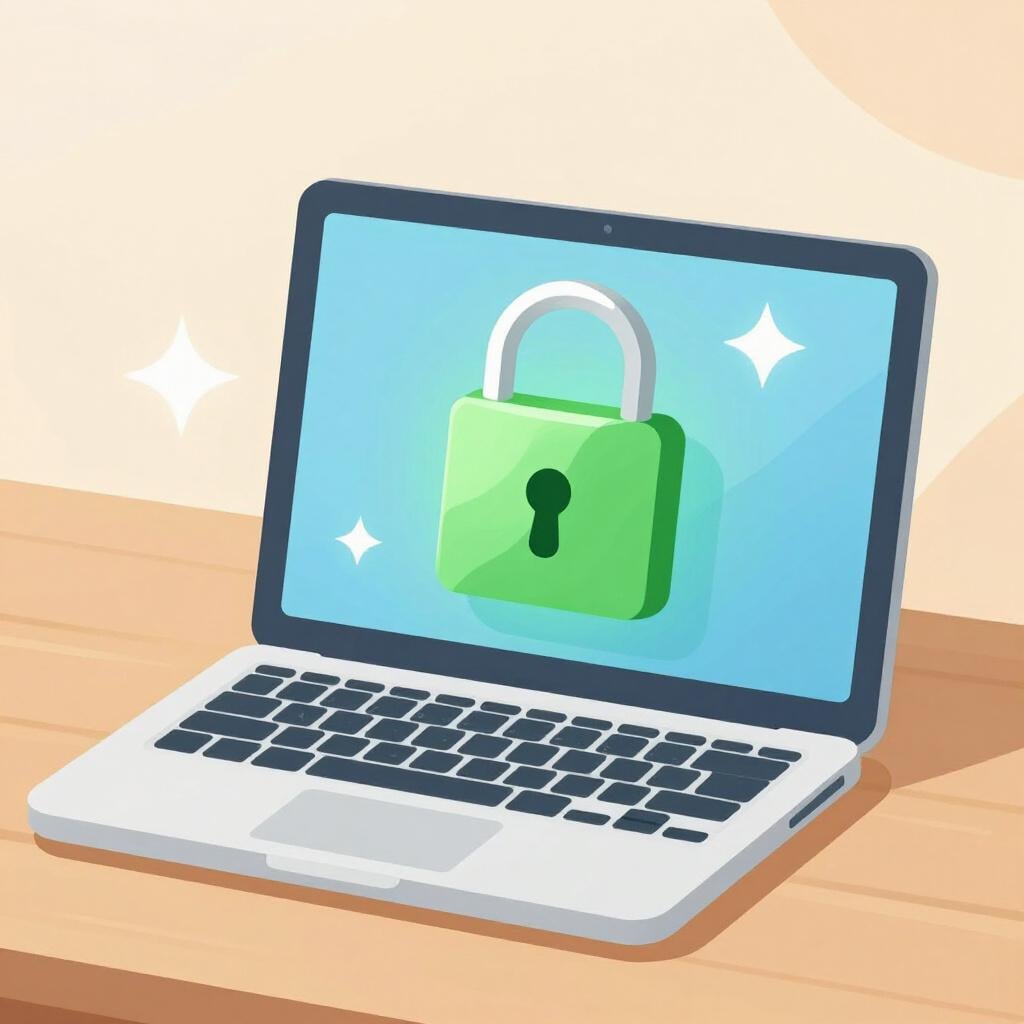 Een kleurrijke sprookjesboekillustratie van een laptop met een gloeiend groen sloticoon dat wordt geopend.