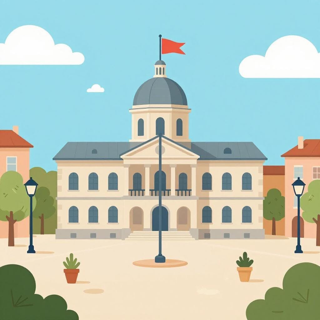 A central town square with a large government building and a flag, representing a county seat.